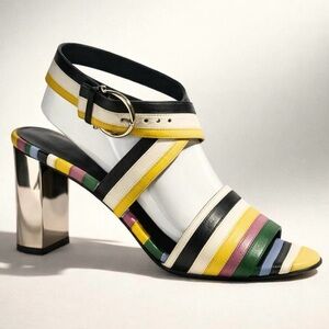 Salvatore Ferragamo Multicolor Striped Heels, mirror heels, slvr buckles, EUC, 8